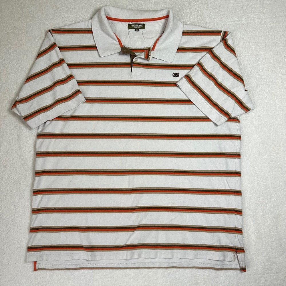 Vtg Ecko Unltd Polo Mens 5X Striped Rhino Y2K Hip Hop Streetwear White Brown 90s
